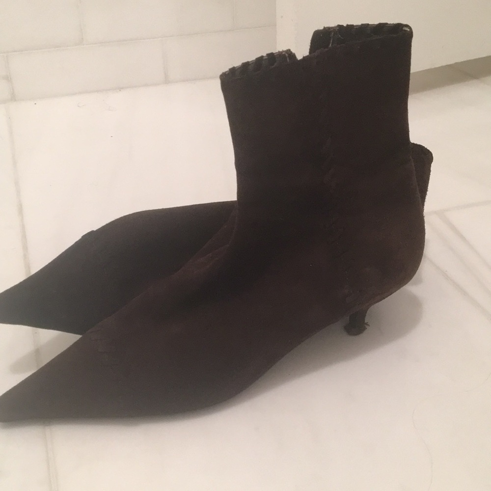 Brown suede Prada pointed toe ankle boots